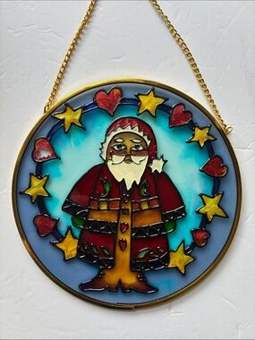 Vintage Stained Glass Santa Suncatcher - Red, Gold & Blue